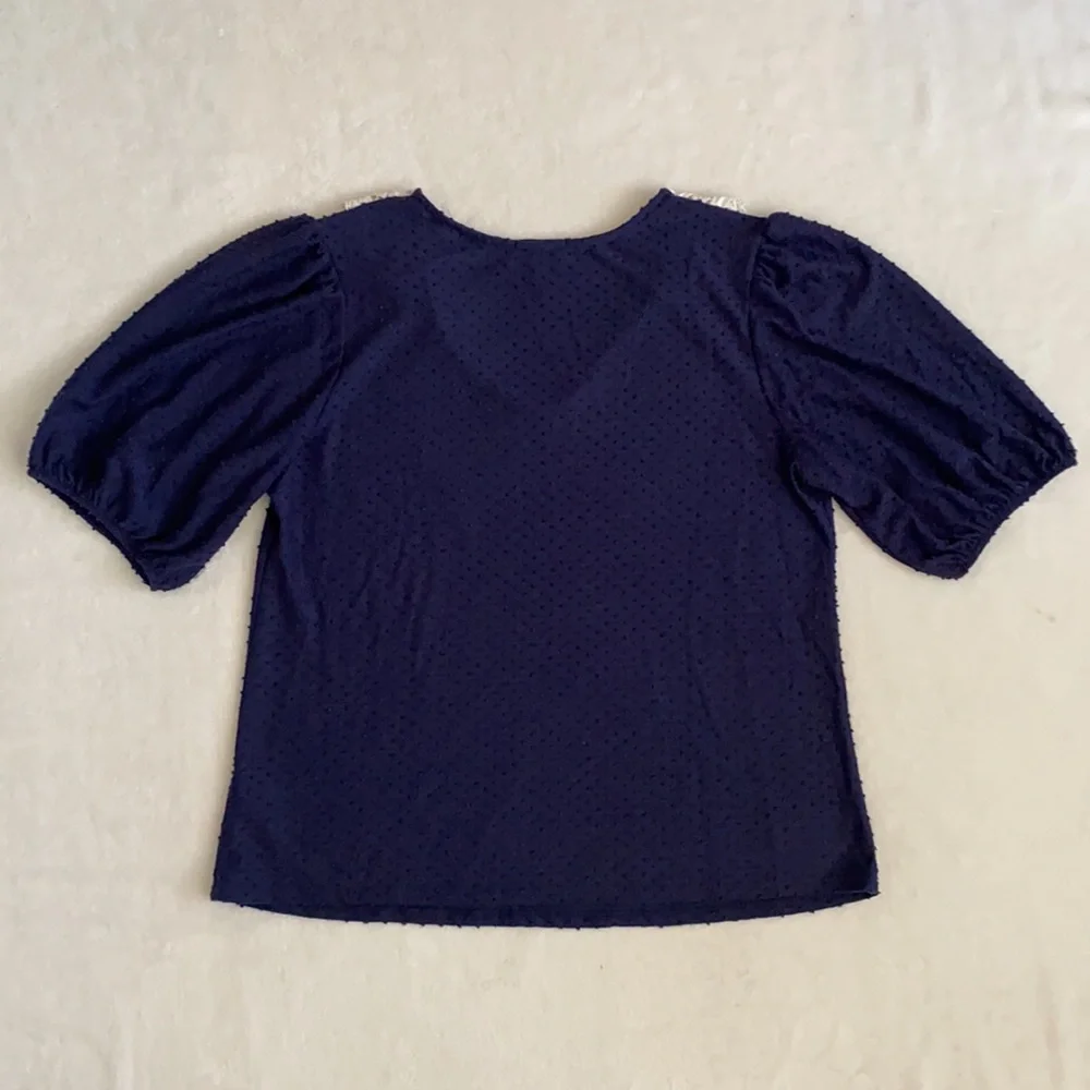 {Anthro} W5 | Scallop Bib Collar Swiss Dot Short Sleeve Feminine Blouse Top (L) - Picture 9 of 14
